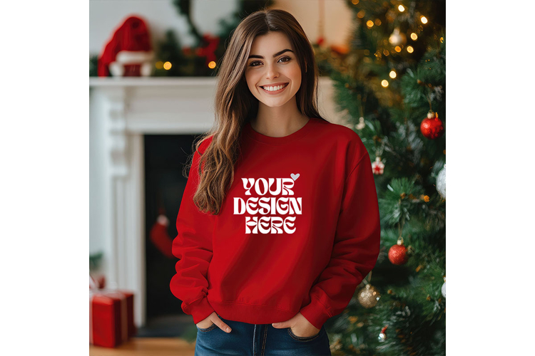 Christmas Red Sweatshirt Model Mockup Gildan 18000 Oversized