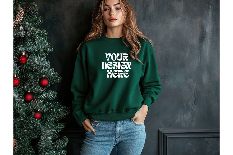 Christmas Green Sweatshirt Model Mockup Gildan 18000