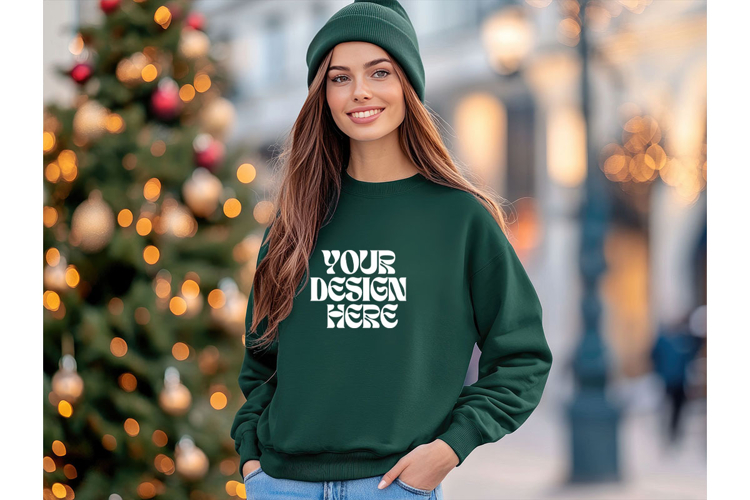 Christmas Green Sweatshirt Model Mockup Gildan 18000