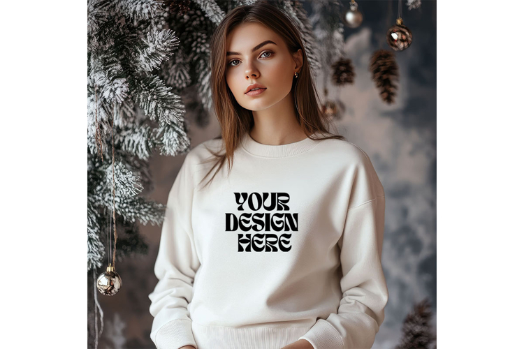 Christmas White Sweatshirt Model Mockup Gildan18000 Oversize