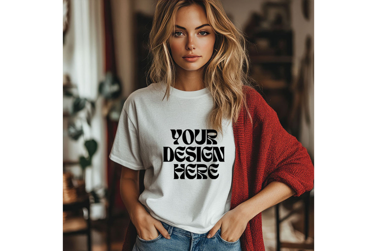 Christmas White Sweatshirt Model Mockup Gildan18000 Oversize