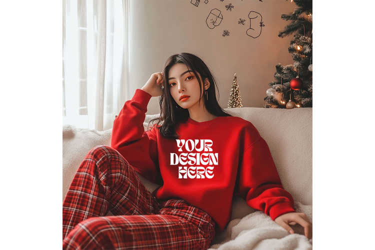 Christmas Red Sweatshirt Model Mockup Gildan 18000 Oversized