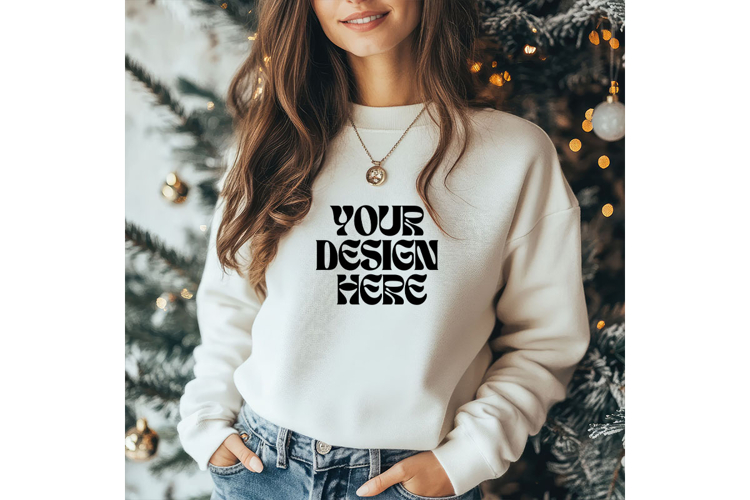 Christmas White Sweatshirt Model Mockup Gildan18000 Oversize