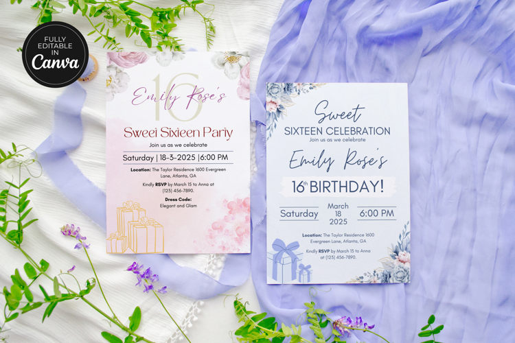 Editable Pink Sweet 16 Birthday Invitation Canva Template