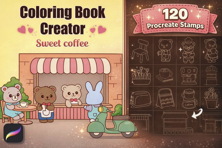 Coloring Book Creator Sweet Coffee | 120 Procreate Stamps
