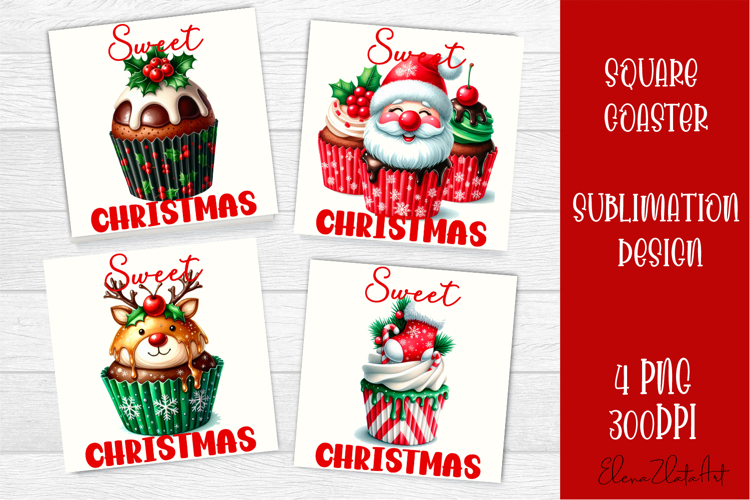 Colorful food square coasters Design, sweet christmas cupcak
