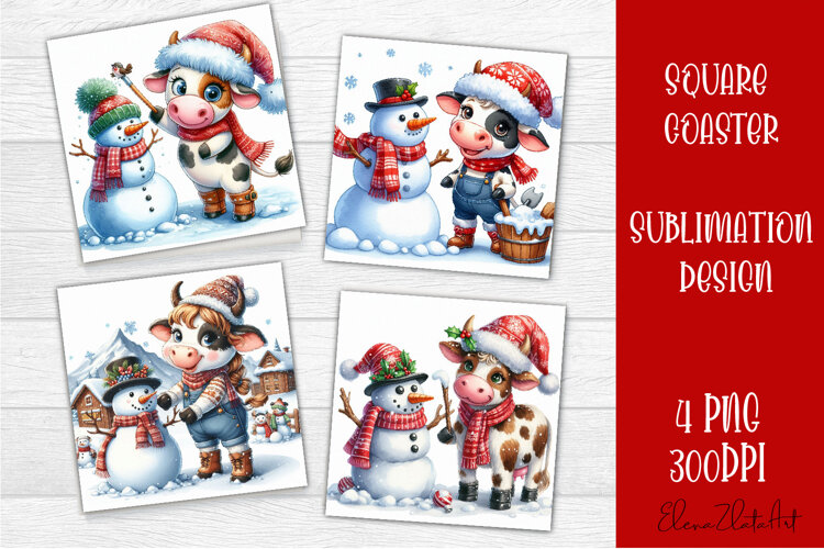 Funny christmas cow square coasters, Animals sublimation example image 1