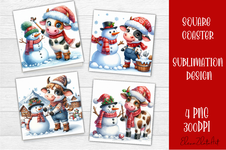 Funny christmas cow square coasters, Animals sublimation