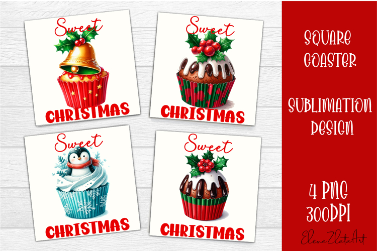 Colorful food square coasters Design, sweet christmas cupcak