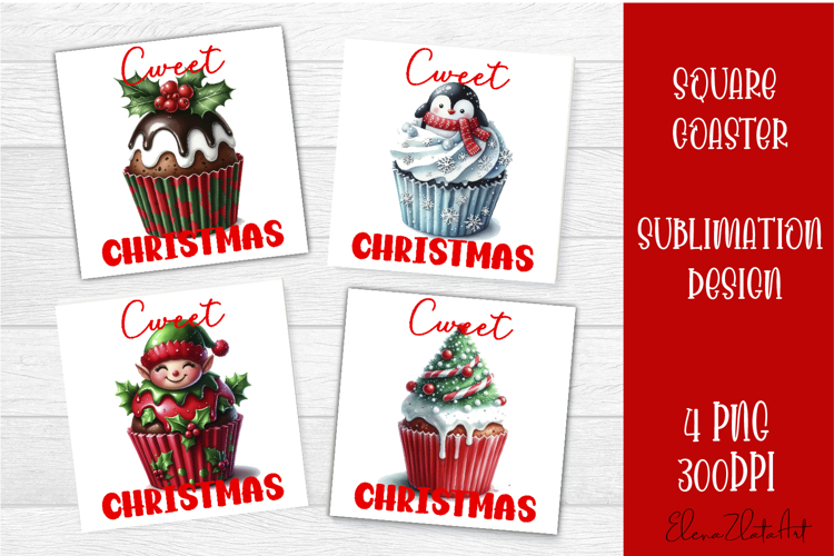 Colorful food square coasters Design, sweet christmas cupcak