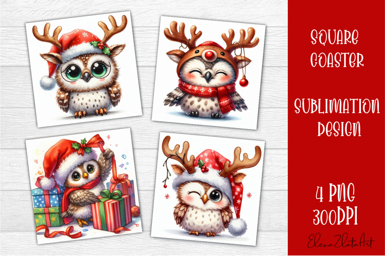 Funny christmas owl square coasters, Animals sublimation