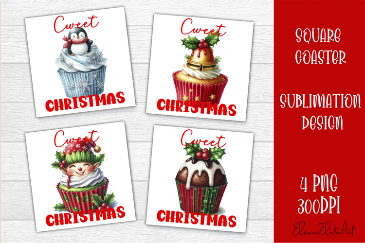 Colorful food square coasters Design, sweet christmas cupcak