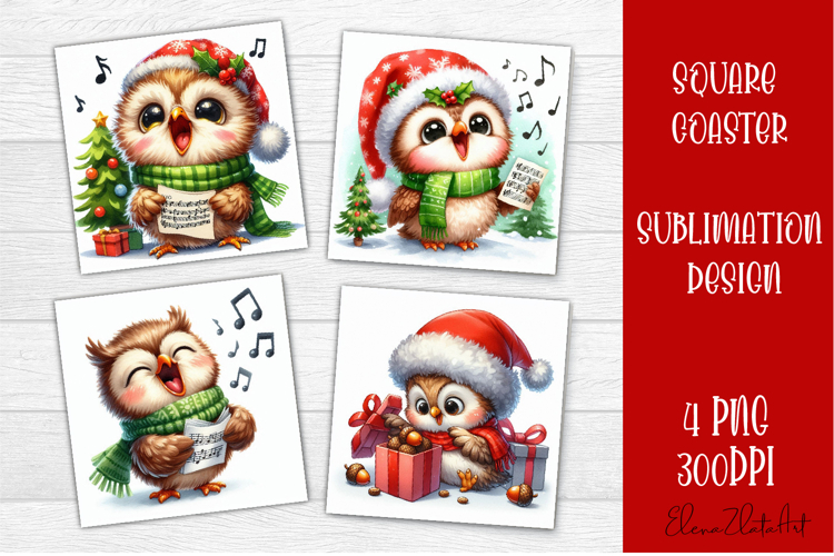 Funny christmas owl square coasters, Animals sublimation