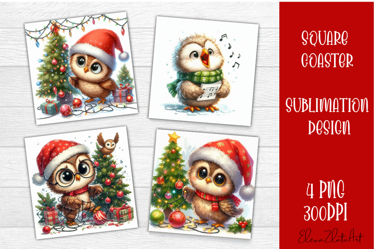 Funny christmas owl square coasters, Animals sublimation