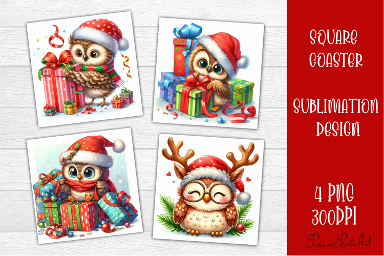 Funny christmas owl square coasters, Animals sublimation