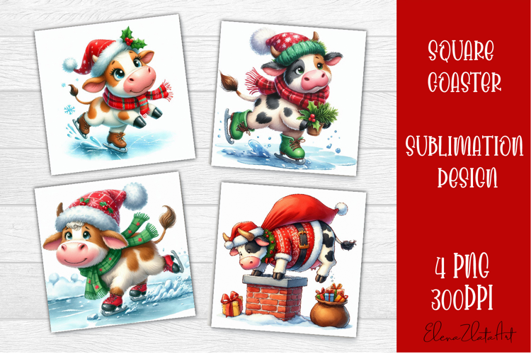 Funny christmas cow square coasters, Animals sublimation