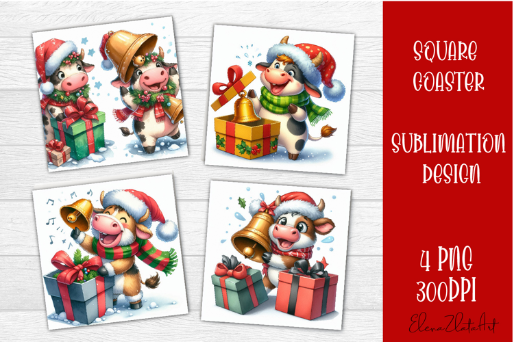Funny christmas cow square coasters, Animals sublimation