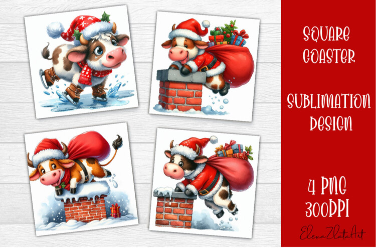 Funny christmas cow square coasters, Animals sublimation example image 1