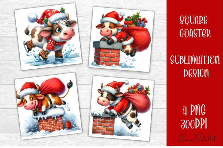Funny christmas cow square coasters, Animals sublimation