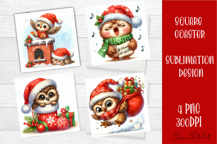 Funny christmas owl square coasters, Animals sublimation