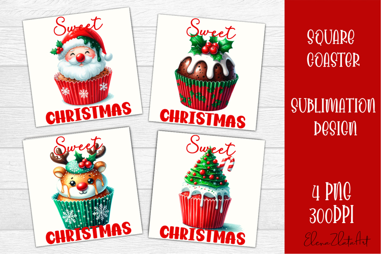 Colorful food square coasters Design, sweet christmas cupcak
