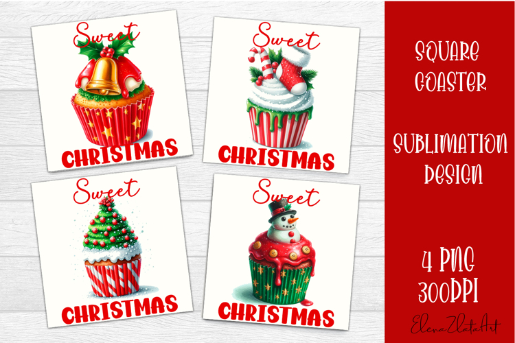 Colorful food square coasters Design, sweet christmas cupcak