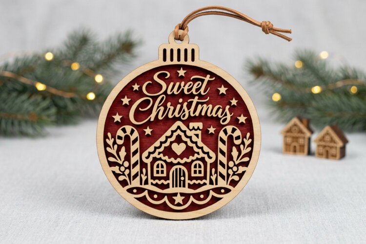 Sweet Christmas Bauble SVG, Layered Laser Cut Wood Design example image 1