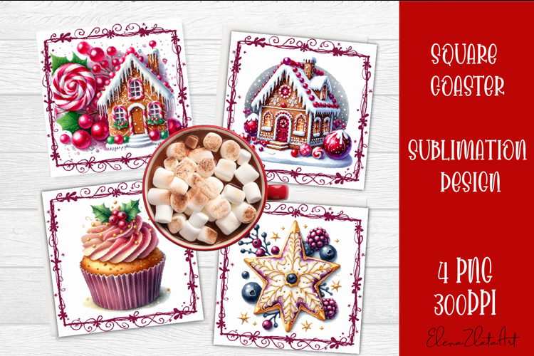 Colorful food square coasters Design, sweet christmas cupcak example image 1