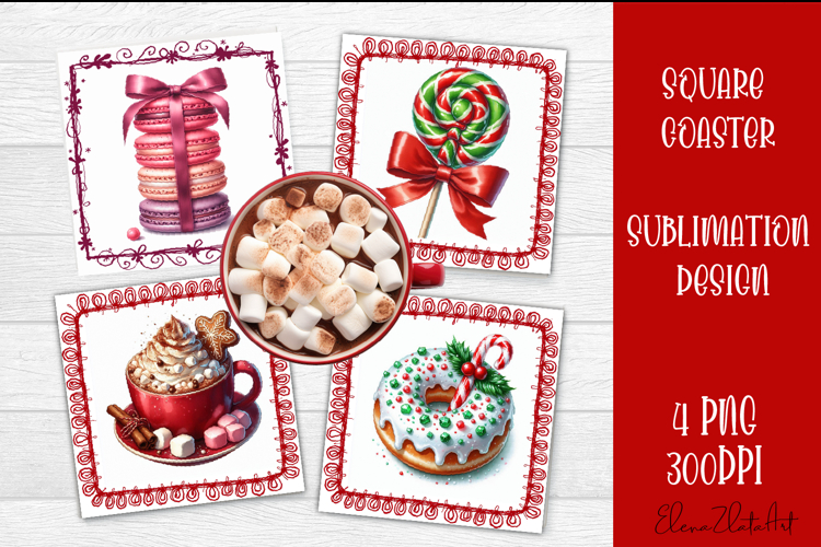 Colorful food square coasters Design, sweet christmas cupcak