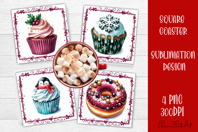 Colorful food square coasters Design, sweet christmas cupcak