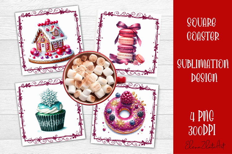 Colorful food square coasters Design, sweet christmas cupcak