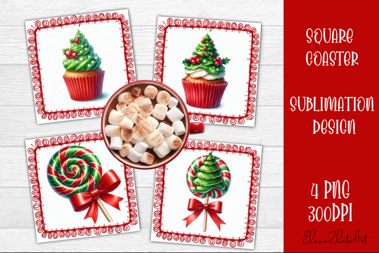 Colorful food square coasters Design, sweet christmas cupcak