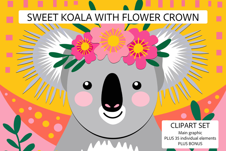 Sweet Koala Flower Crown Clipart Set