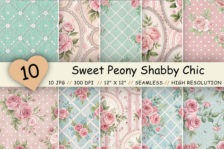 Sweet Peony Shabby Chic Seamless Floral Digital Paper Bundle
