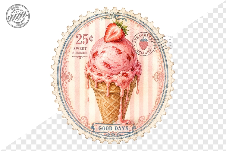 Sweet Summer Strawberry Ice Cream Stamp PNG Design