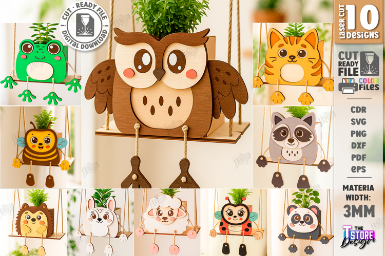 Swing Planter Laser Cut Bundle|Wooden Animal Planter Holders