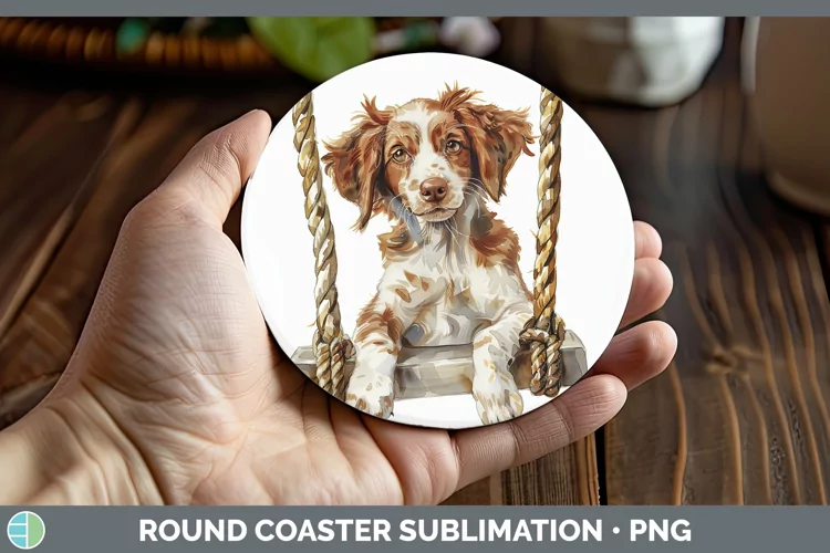 Swinging Dogs Brittany Dog Round Coaster Sublimation Coaster