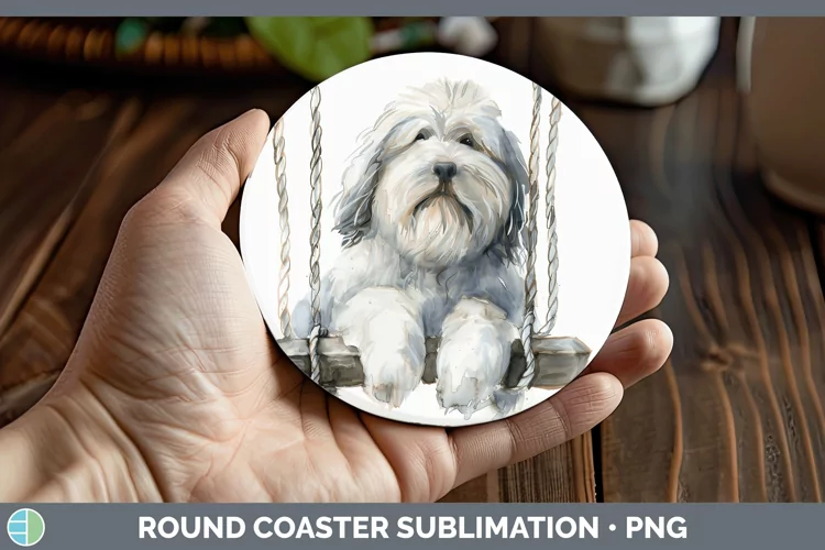 Swinging Dogs Old English Sheepdog Round Coaster Sublimation