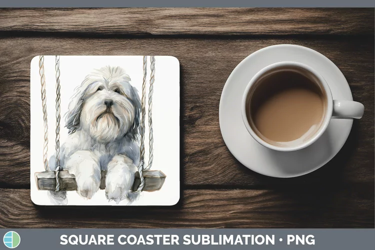 Swinging Dogs Old English Sheepdog Square Coaster Sublimatio