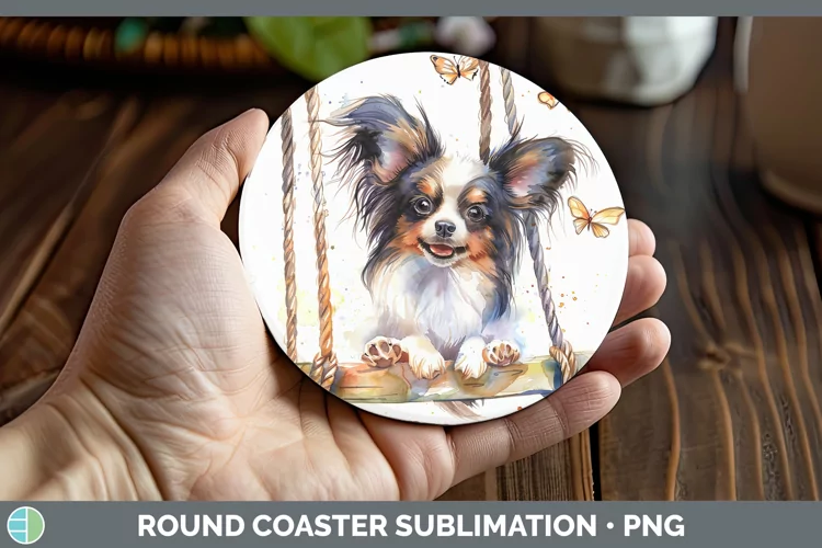 Swinging Dogs Papillon Dog Round Coaster Sublimation Coaster