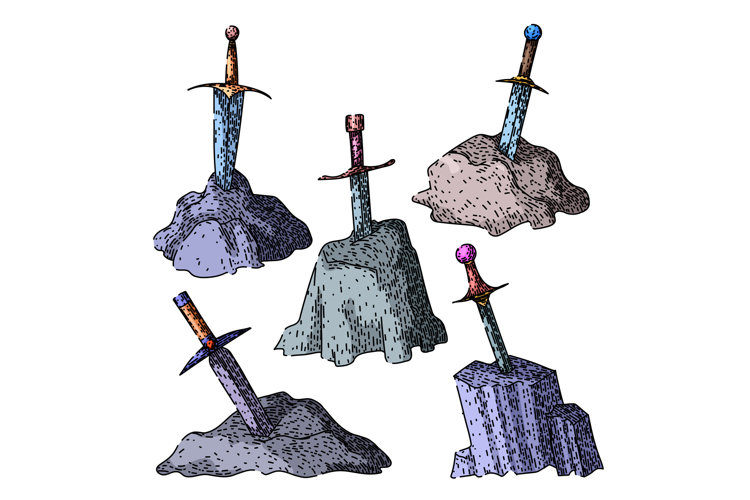 sword stone set sketch hand drawn