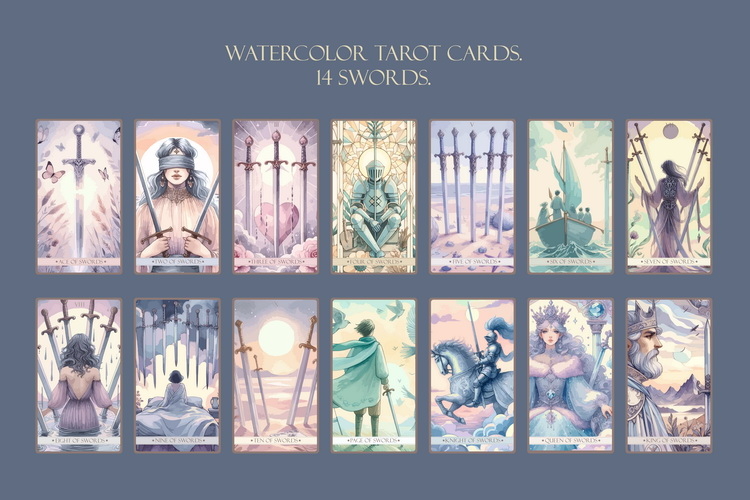 Watercolor 14 Tarot Card Suit of Swords Minor Arcana Bundle.