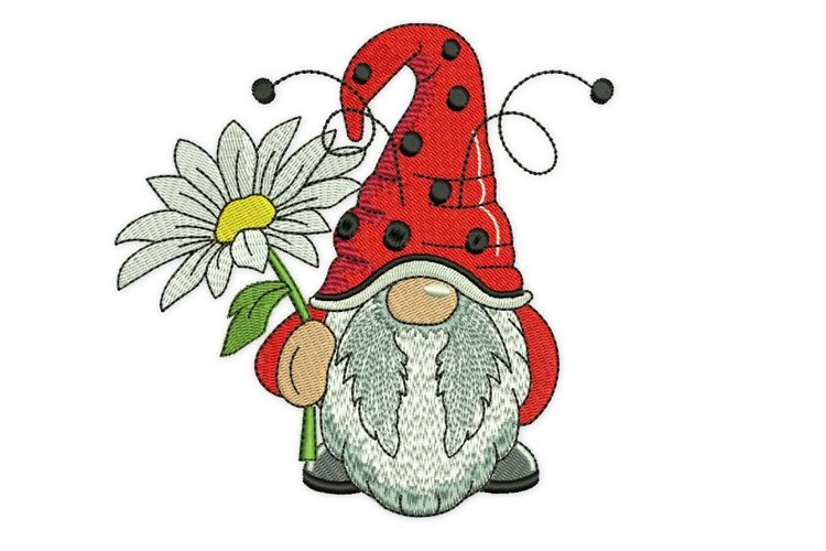 Marguerite Ladybug Gnome Embroidery Design