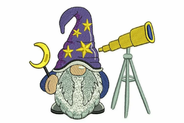 Astronomer Gnome Embroidery Design, Telescope Gnome Embroide