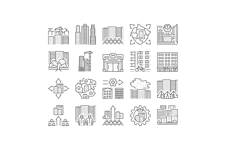 urbanization city development icons set vector