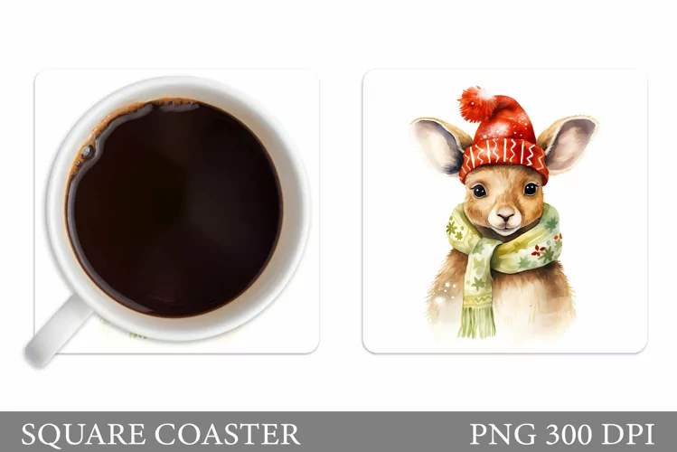 Winter Kangaroo Coaster. Cute Kangaroo Square Coaster
