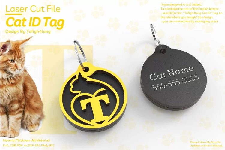 T | Cat ID Tag | Cat ID Tag Slide On Collar| laser cut | SVG