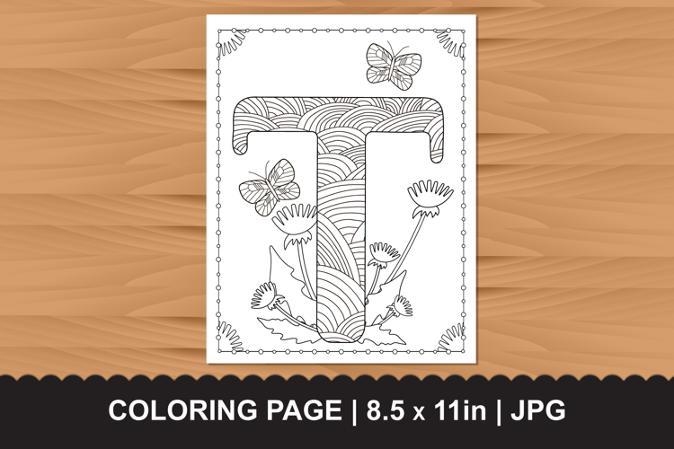 Letter T Coloring Page with Butterflies and Flowers