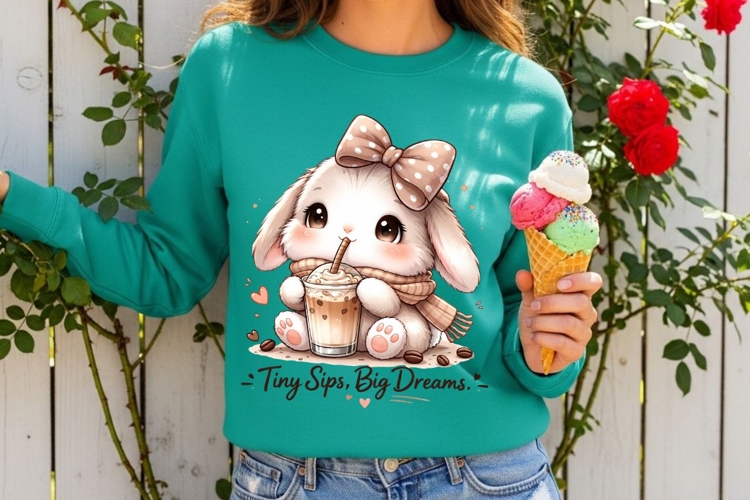 Tiny Sips Big Dreams Cute Bunny Coffee Lover PNG Design