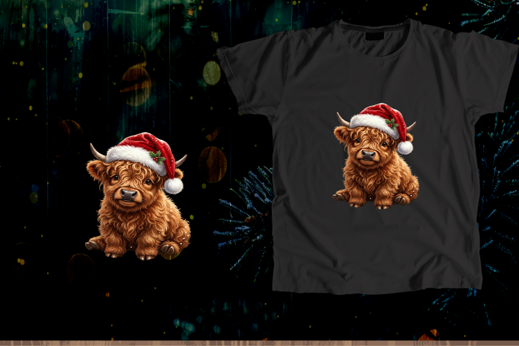 Cute Highland Cow Santa Hat Christmas PNG